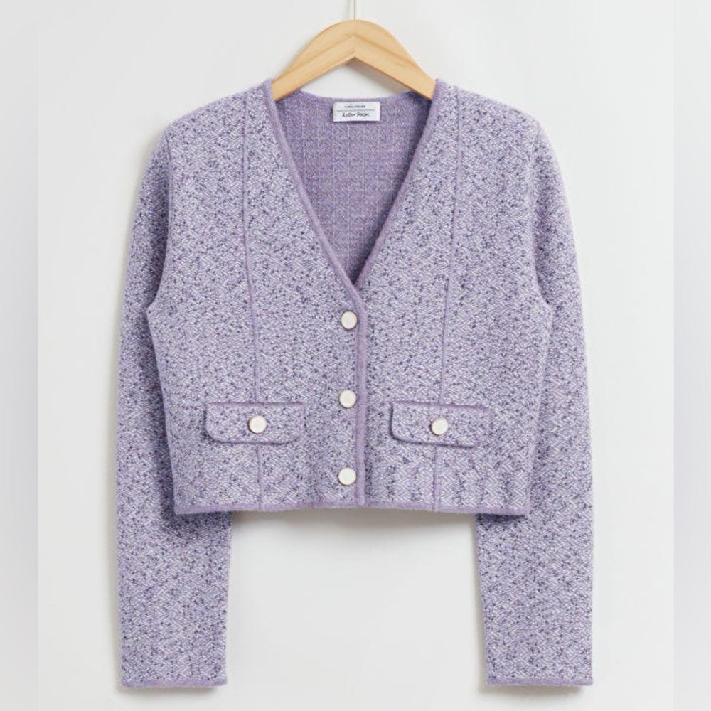 ATELIER & Other Stories Purple Metallic Tweed Cropped Cardigan Size M